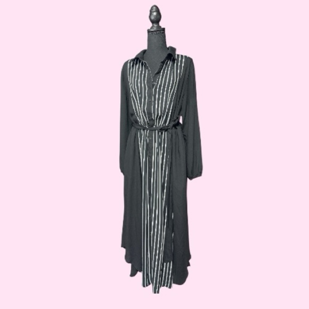 BloomChic Black Maxi Shirtdress with White Vertical Stripes Size 18